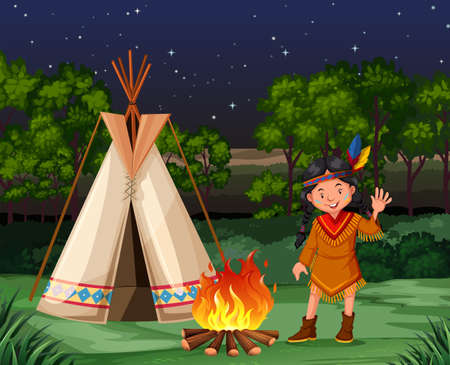 Red indian at the campfire illustrationのイラスト素材