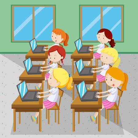 Six girls typing on computers illustrationのイラスト素材