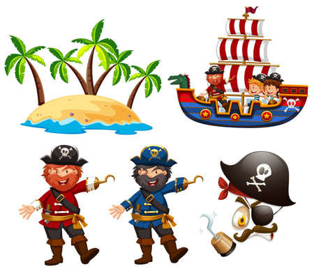 Pirates and children on the ship illustrationのイラスト素材