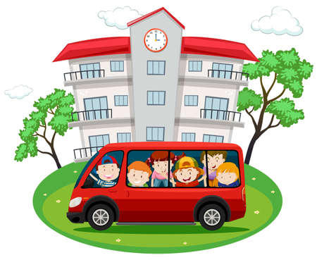 Students riding on red van to school illustrationのイラスト素材