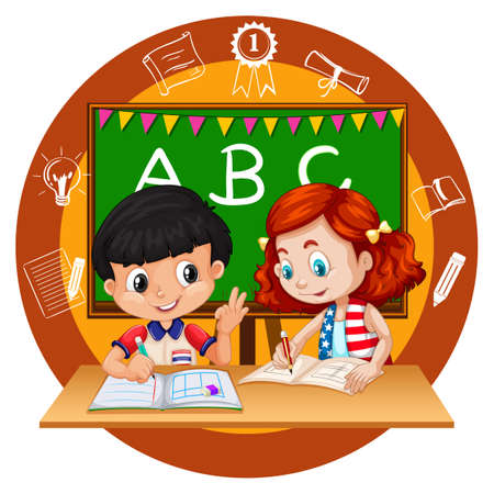 Two students doing homework illustrationのイラスト素材