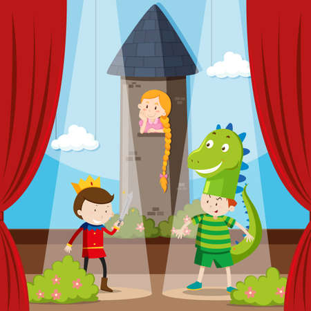 Kids doing role play on stage illustrationのイラスト素材
