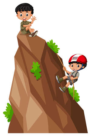 Two boys climbing up the mountain illustrationのイラスト素材