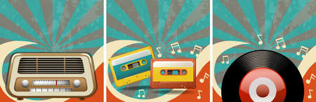 Retro background design with old radio and casettes illustrationのイラスト素材
