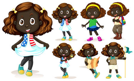 African American girl doing different activities illustrationのイラスト素材
