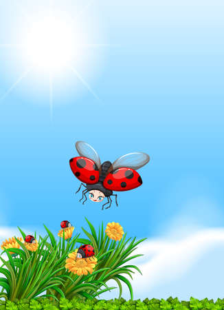Ladybug flying in the garden illustrationのイラスト素材