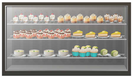 Different kinds of desserts on the shelves illustration