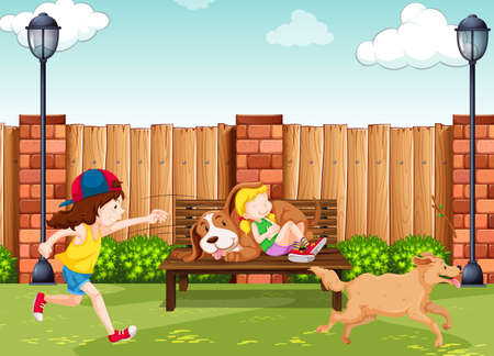 Girls playing with dogs in park illustrationのイラスト素材