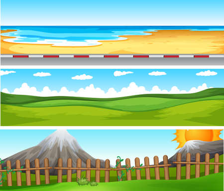 Scenes with ocean and green field illustrationのイラスト素材