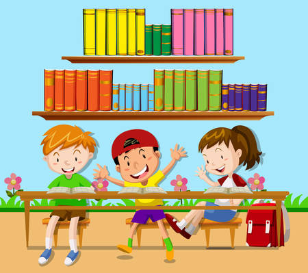Three students leaning in classroom illustrationのイラスト素材