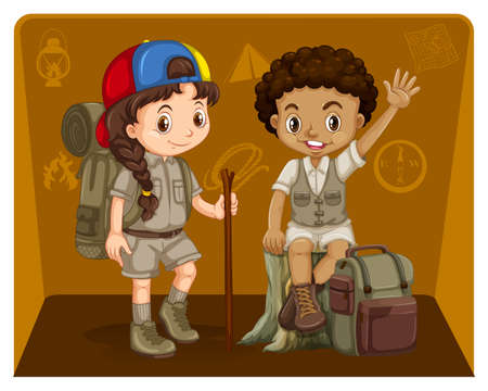 Boy and girl in safari outfit illustrationのイラスト素材