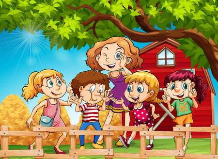 Many kids in the farmyard illustrationのイラスト素材