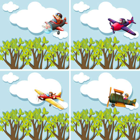 Scenes with pilots flying airplane illustrationのイラスト素材