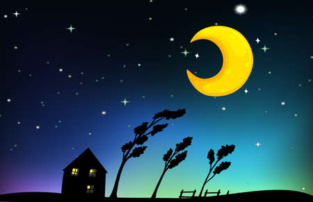 Night scene with house and trees illustrationのイラスト素材