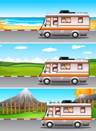 Scenes with children riding on camper van illustrationのイラスト素材