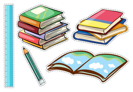 Sticker set with books and stationaries illustrationのイラスト素材