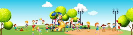 Children playing in the playground at daytime illustrationのイラスト素材