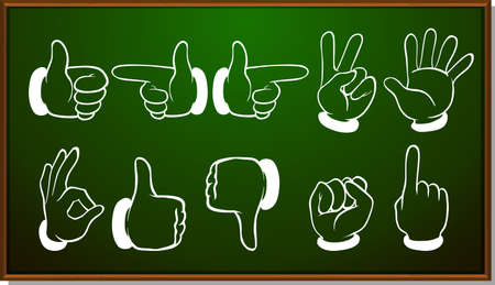 Different hand gestures on blackboard illustrationのイラスト素材