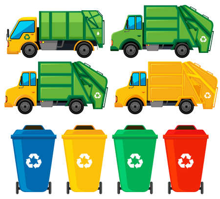 Rubbish cans and trucks illustrationのイラスト素材