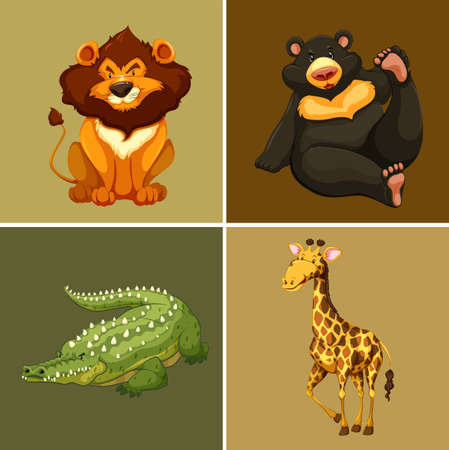 Four types of wild animals on brown background illustrationのイラスト素材