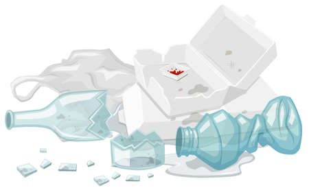 Used foam box and broken bottles on the floor illustrationのイラスト素材