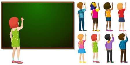 Blackboard and different character in writing action illustrationのイラスト素材
