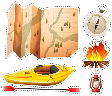 Camping sticker set with canoe and map illustrationのイラスト素材