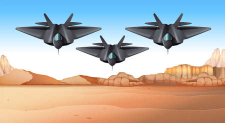 Three fighting jets flying over desert illustrationのイラスト素材