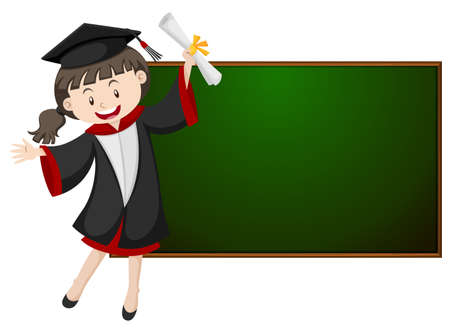 Girl in graduation gown by the blackboard illustrationのイラスト素材