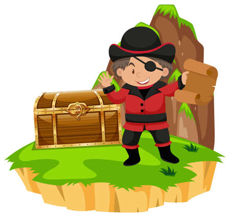 Pirate and treassure chest on island illustrationのイラスト素材