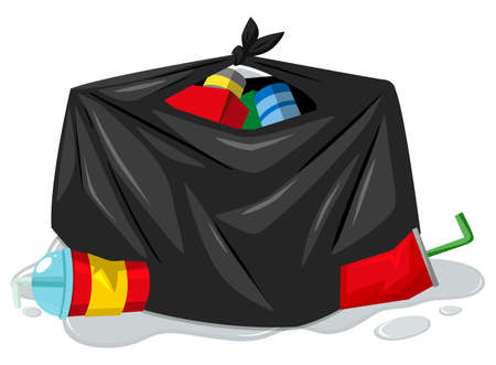 Black rubbish bag with lots of trash illustrationのイラスト素材