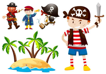 Pirate and crew with island scene illustrationのイラスト素材