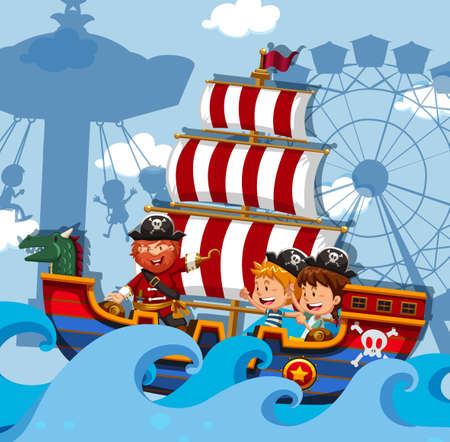 Scene with kids on viking ship illustrationのイラスト素材
