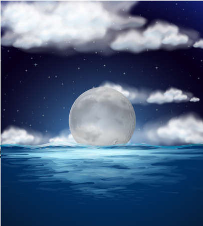 Ocean scene with fullmoon at night illustrationのイラスト素材