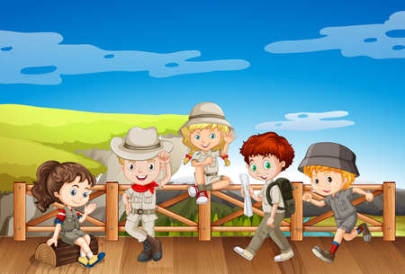 Children in safari costume on the bridge illustrationのイラスト素材
