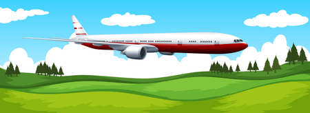 Airplane flying over the green field illustrationのイラスト素材