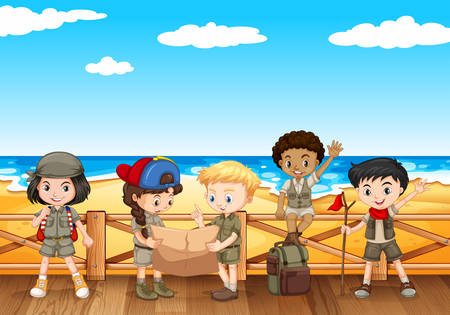 Kids reading map by the shore illustrationのイラスト素材