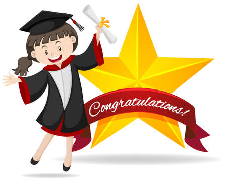 Congratulation sign with girl holding degree illustrationのイラスト素材