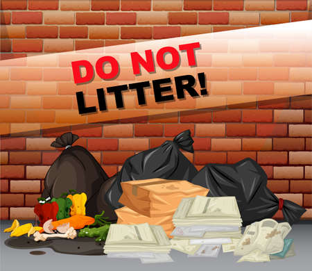 Do not litter sign and many trash illustrationのイラスト素材