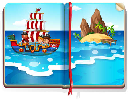Book with kids sailing in the ocean illustrationのイラスト素材