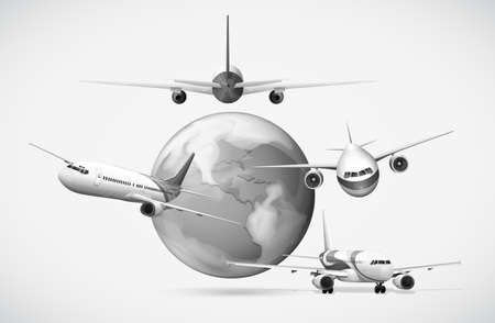 Airplanes flying around the earth in grayscale illustrationのイラスト素材