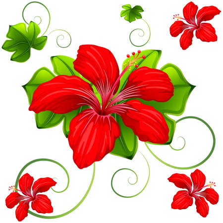 Seamless background design with red hibicus and green leaves illustrationのイラスト素材