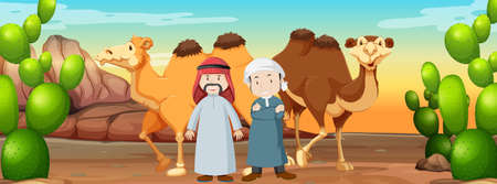 Two islamic men and camels in the desert illustrationのイラスト素材