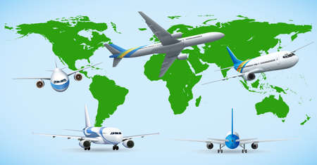 Five airplane flying around the world illustrationのイラスト素材