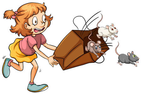 Little girl scared of rats in the bag illustrationのイラスト素材