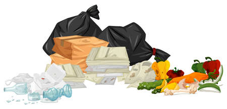 Pile of trash with papers and rotten food illustrationのイラスト素材
