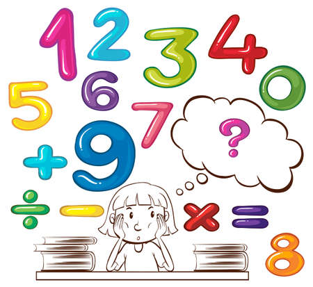 Girl thinking about numbers illustrationのイラスト素材