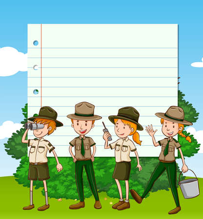 Paper template with four park rangers illustrationのイラスト素材