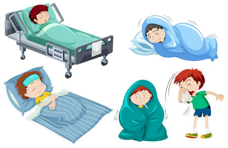 Kids being sick in bed illustrationのイラスト素材