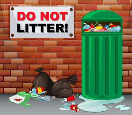 Do not litter sign with lots of trash underneath illustrationのイラスト素材